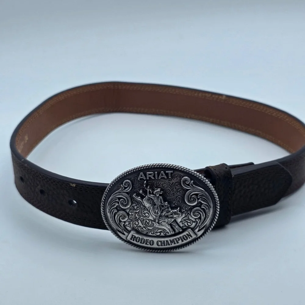 Ariat Belt Kids Size 24 Brown Leather Rodeo Champion Bull Rider Trophy Buckle‎